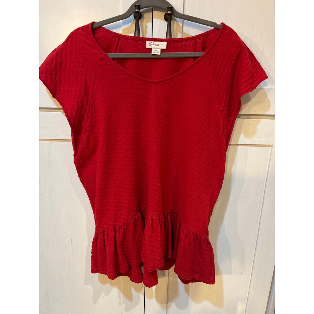 Style & Co Women's Red Top 100% Cotton Seersucker Shirt Size PXL Valentine Heart